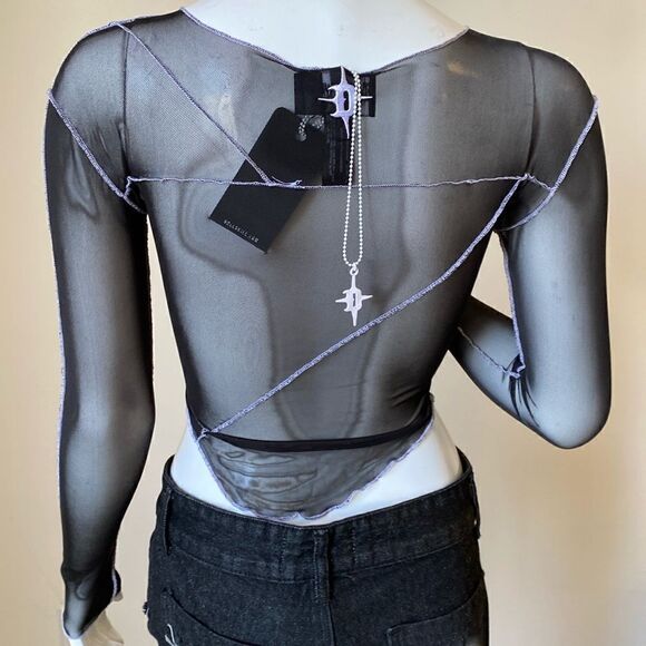 Dolls Kill Brand DARKER WAVS Asymmetrical Black Mesh Long Sleeve Top - Picture 2 of 6